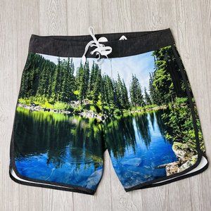 Kavu Men Stretch Board Swimming Trunks Shorts Pocket Blue River Lake Scenery XXL